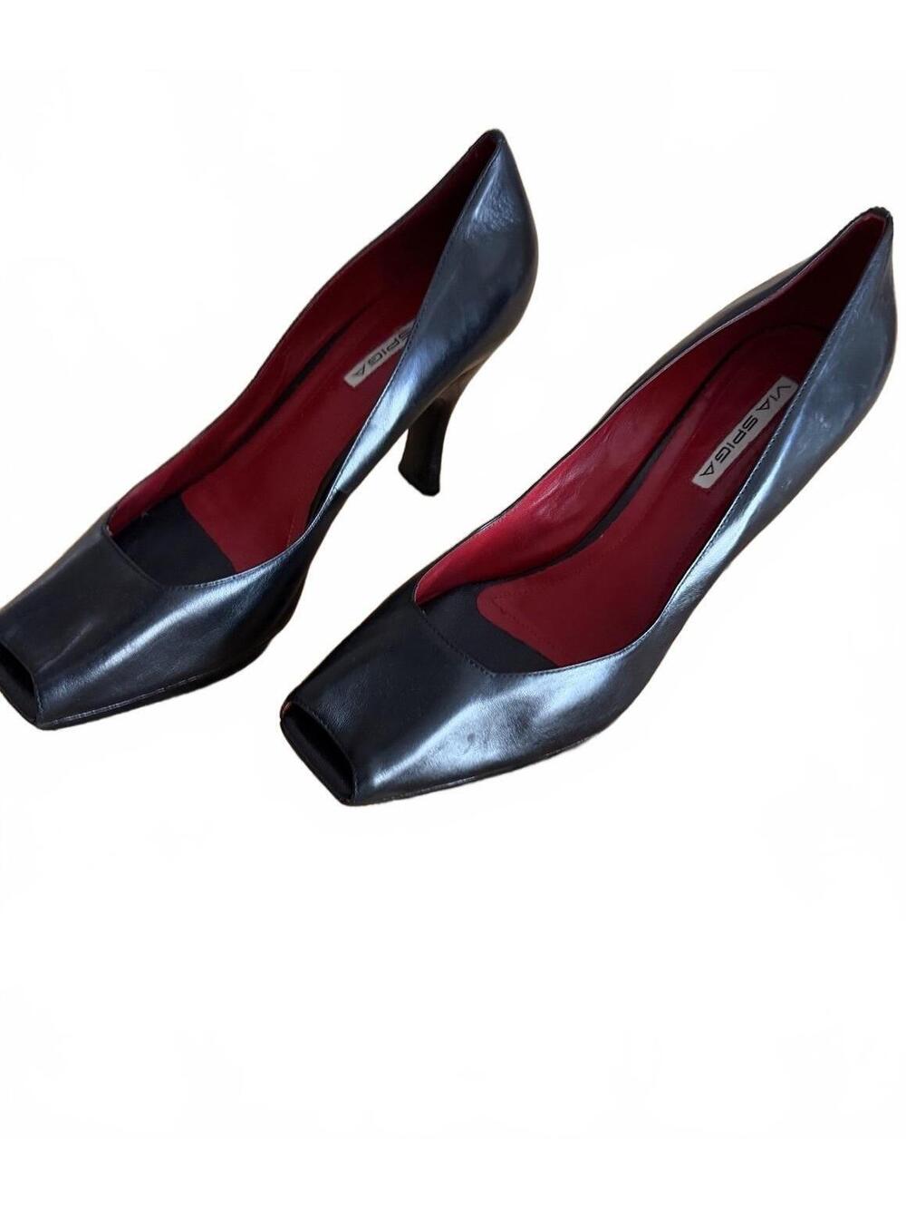 Vintage Via Spiga Peep-Toe Square Black Leather Pumps - Size 12